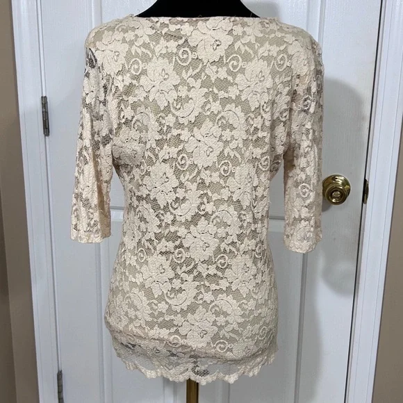 Cabi Cream Lace Overlay Blouse - Boho Cottagecore V-Neck Elbow Sleeve Size Large - Picture 2 of 7